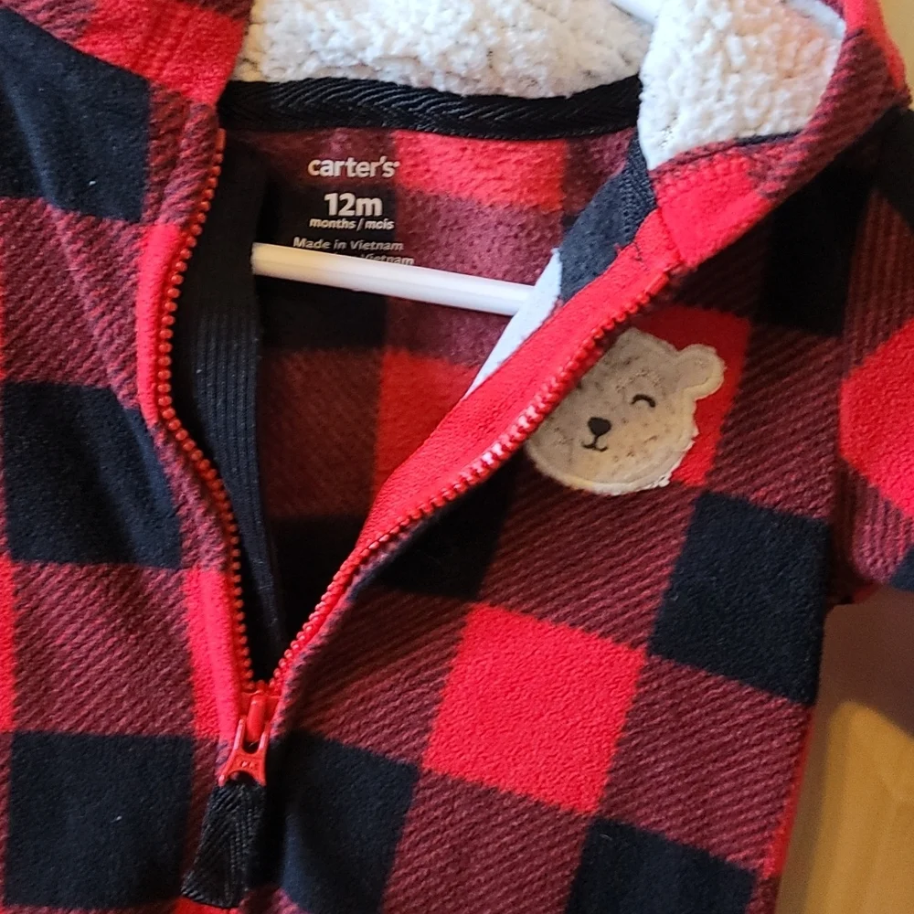 Carters 12mo black and red checkered hooded winter zip up